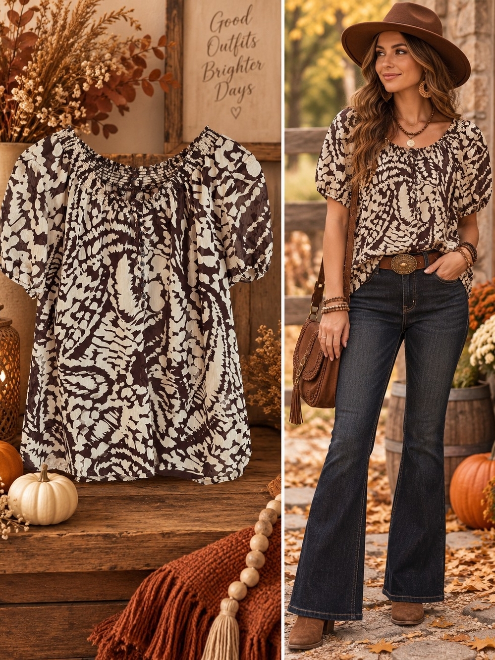 Sheer Chiffon Peasant Blouse Brown Cream Abstract Print Matching Brown Cami 2X